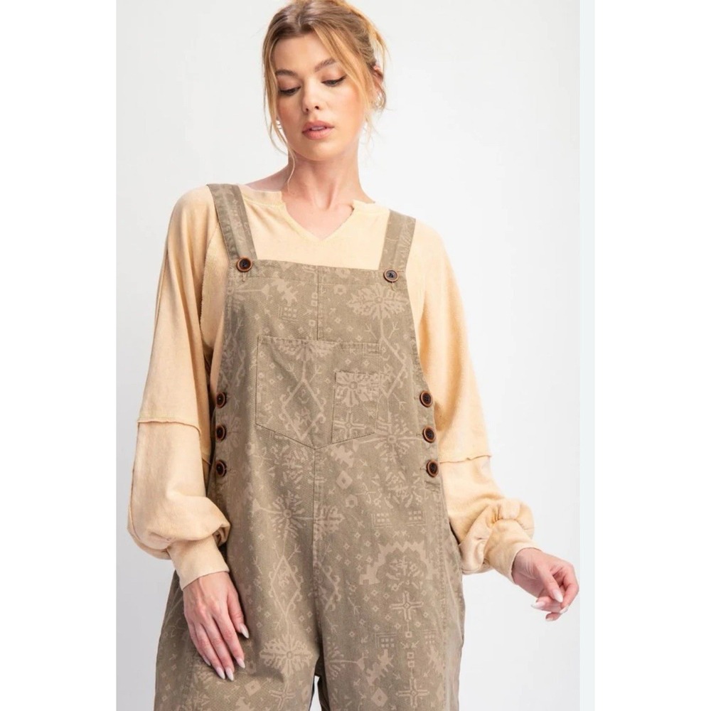 NWT Easel Mocha Ethnic Printed Twill Overall Jumpsuit Overalls‎ Size L Boho - Picture 4 of 13